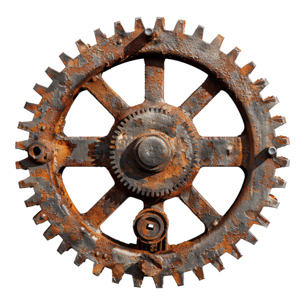 Rusty old COG wheel Isolated in transparent background. png