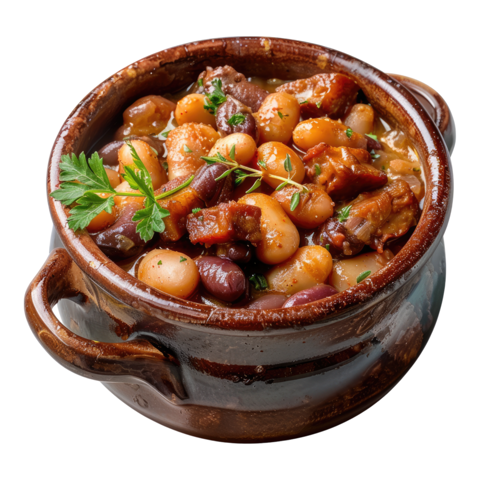 A bowl of beans and meat with parsley png