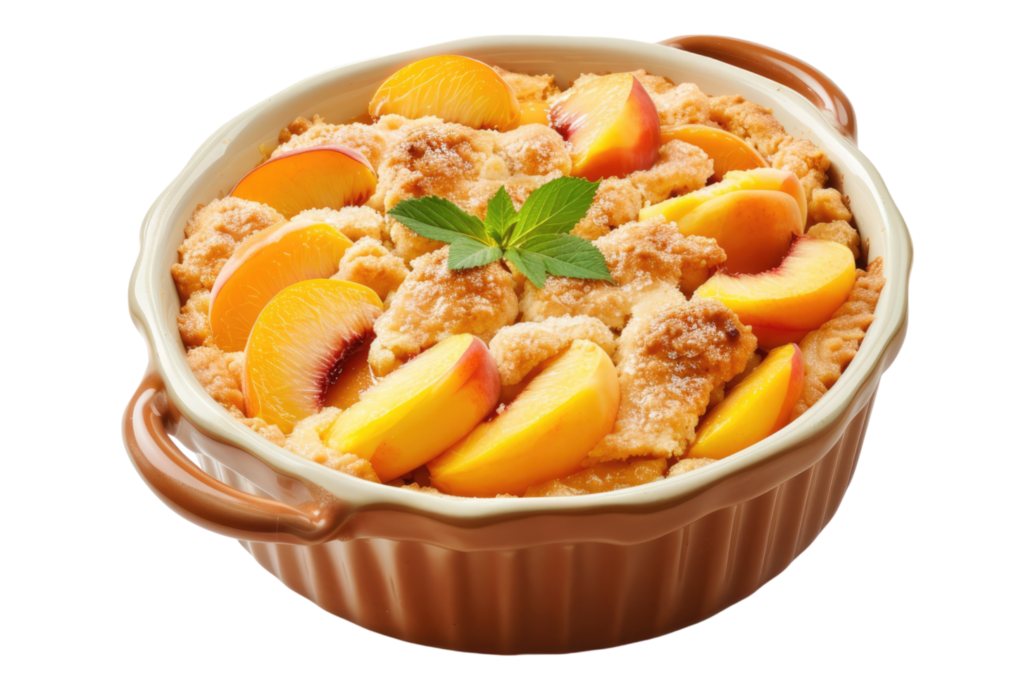 A dish of peach cobbler with a spoon png