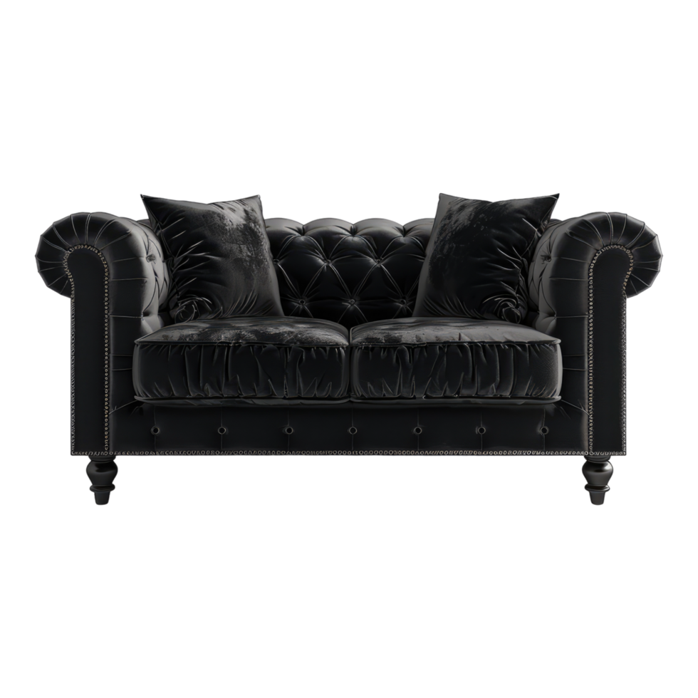 A black velvet couch with pillows on it png