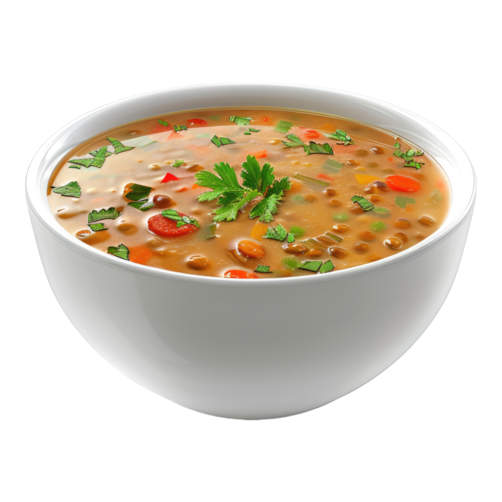 A bowl of soup with vegetables and herbs png