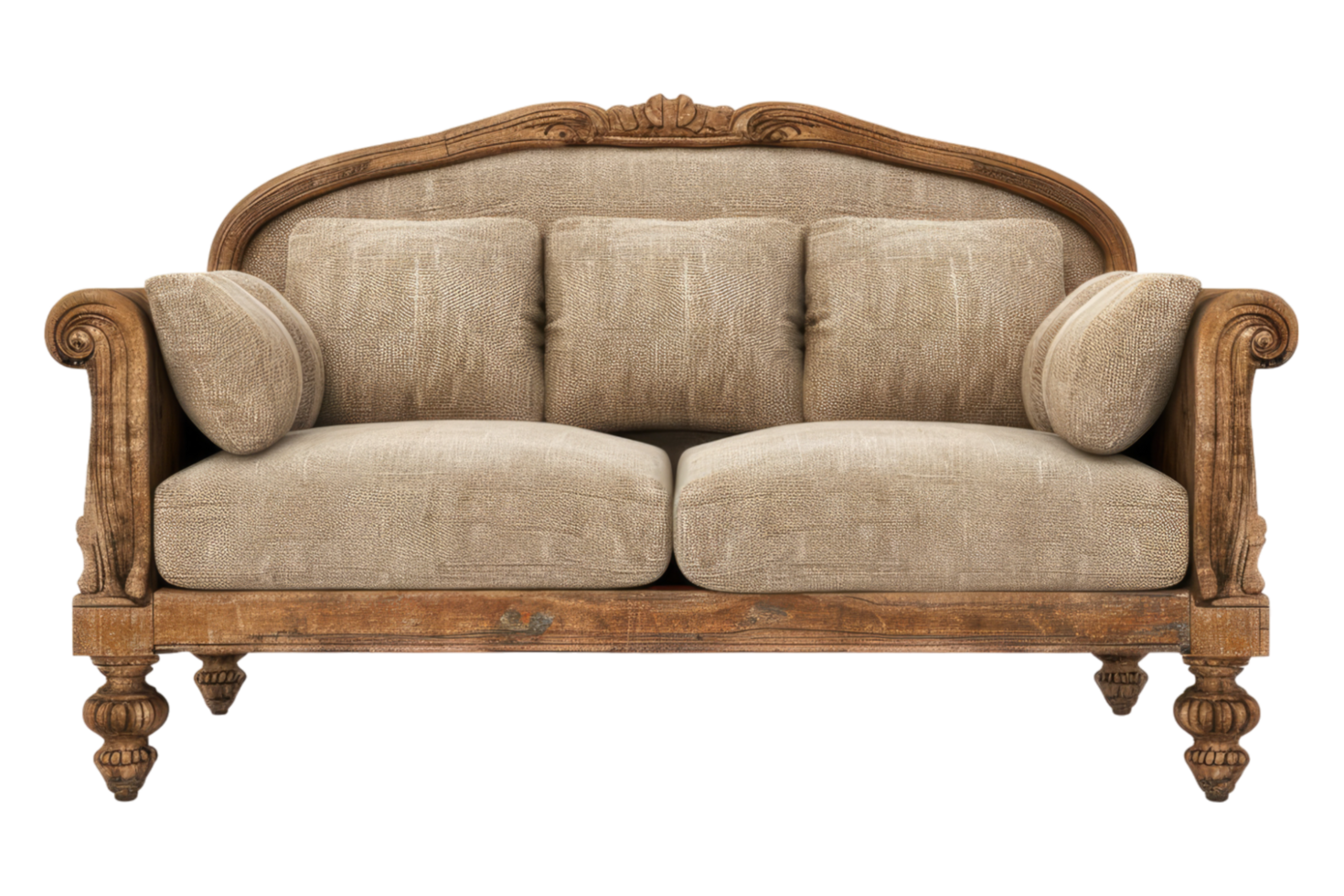 An antique style sofa with beige cushions png