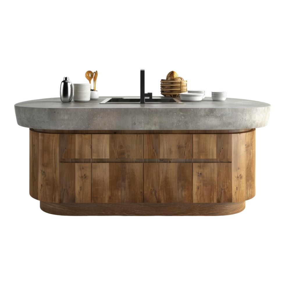 A kitchen island with a sink and a wooden counter png