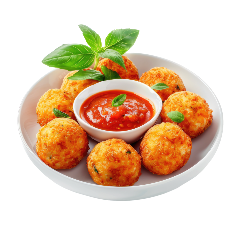 A plate with cheese balls and sauce png