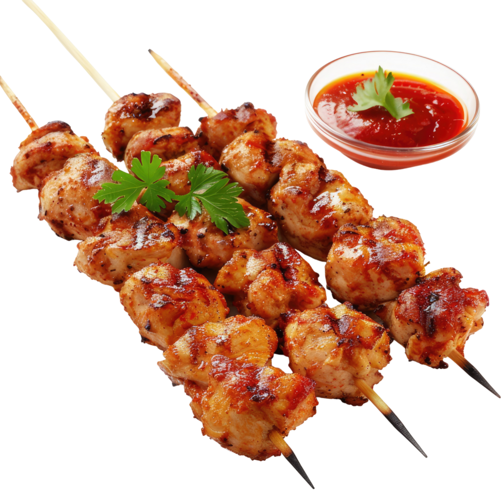 Chicken skewers with sauce and garnish png