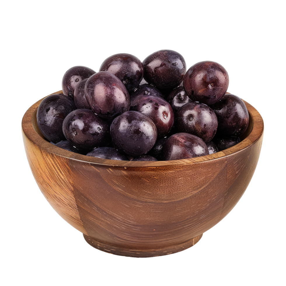 A wooden bowl filled with purple plums png