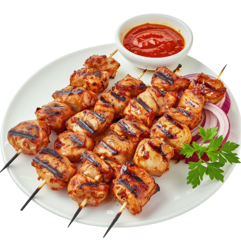 Chicken skewers with sauce on a white plate png