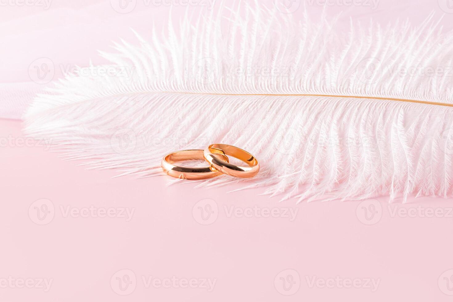 Pair of gold wedding rings on a pink background with a white decorative light feather. A copy space. The concept of the wedding. layout for design. photo