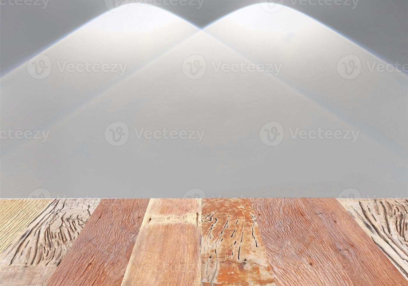 light beam shines on old wood plank with concrete wall texture background photo