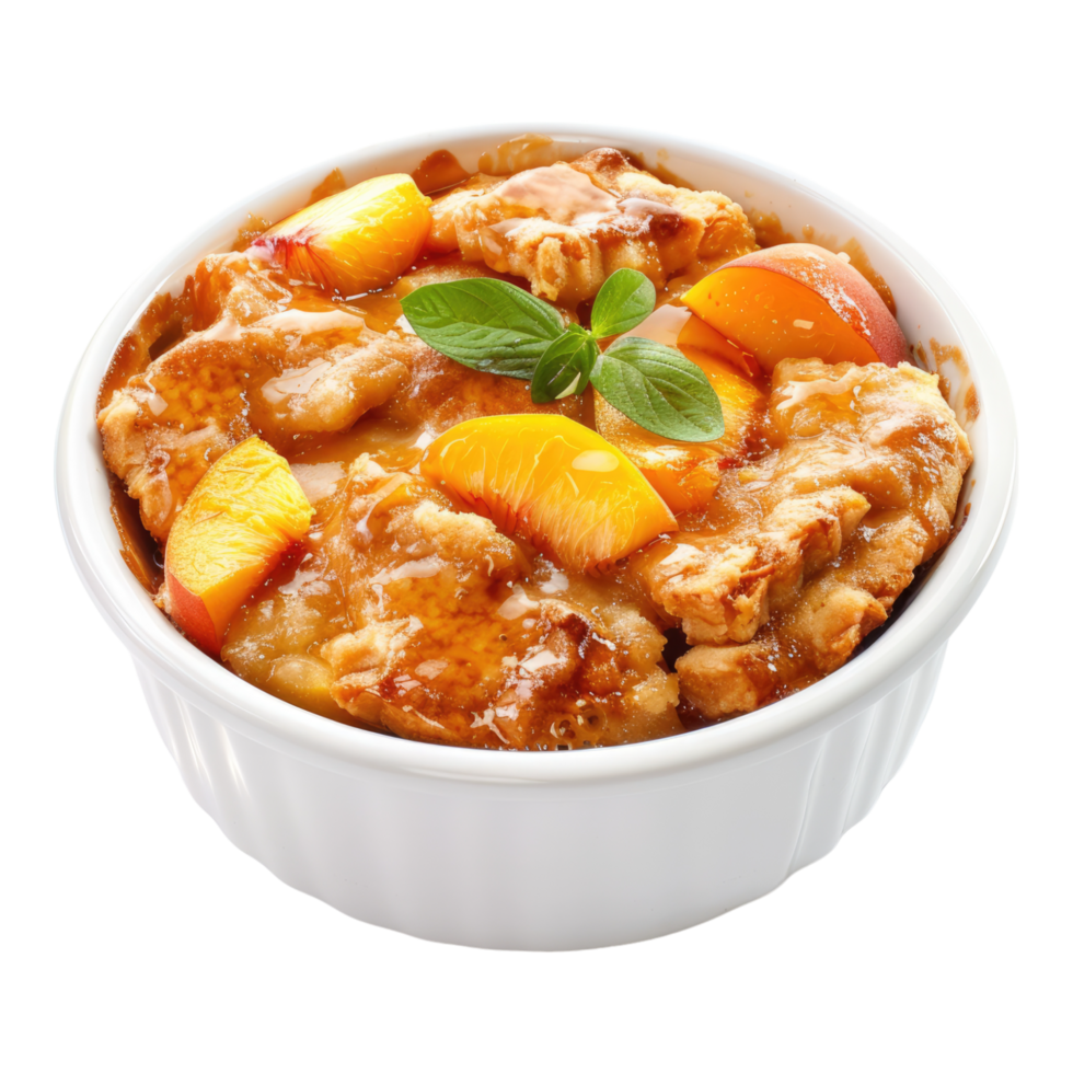 A bowl of peach cobbler with a spoon png