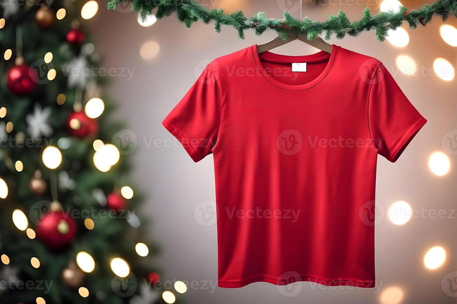 A plain red t-shirt mockup is hanged and presented with Christmas decoration background photo