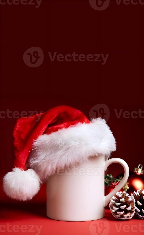 A red santa cap is on a white coffee mug with a dark background representing Christmas photo