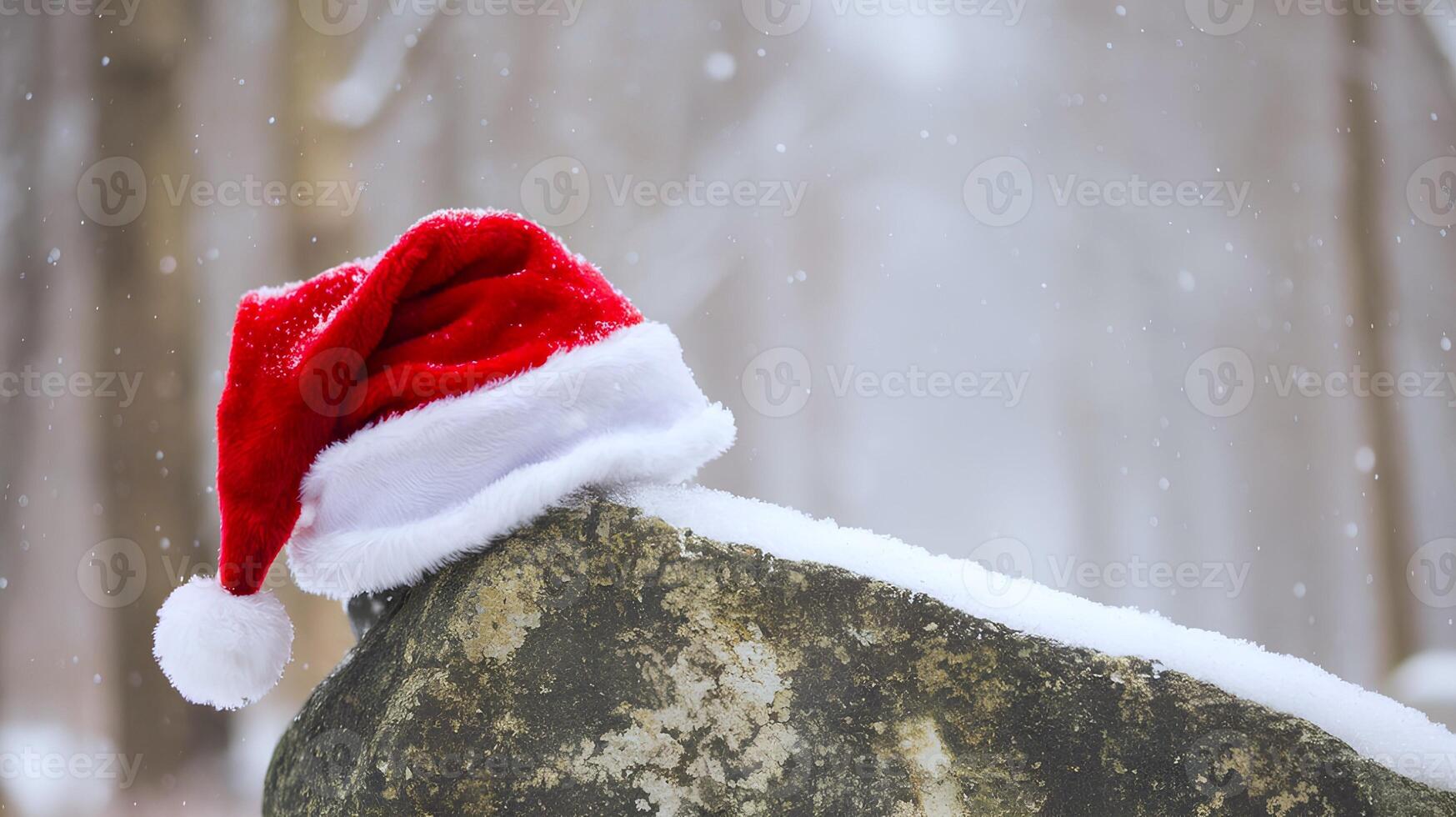 A red santa cap is on a stone or rock with a beautiful winter snowfall background photo