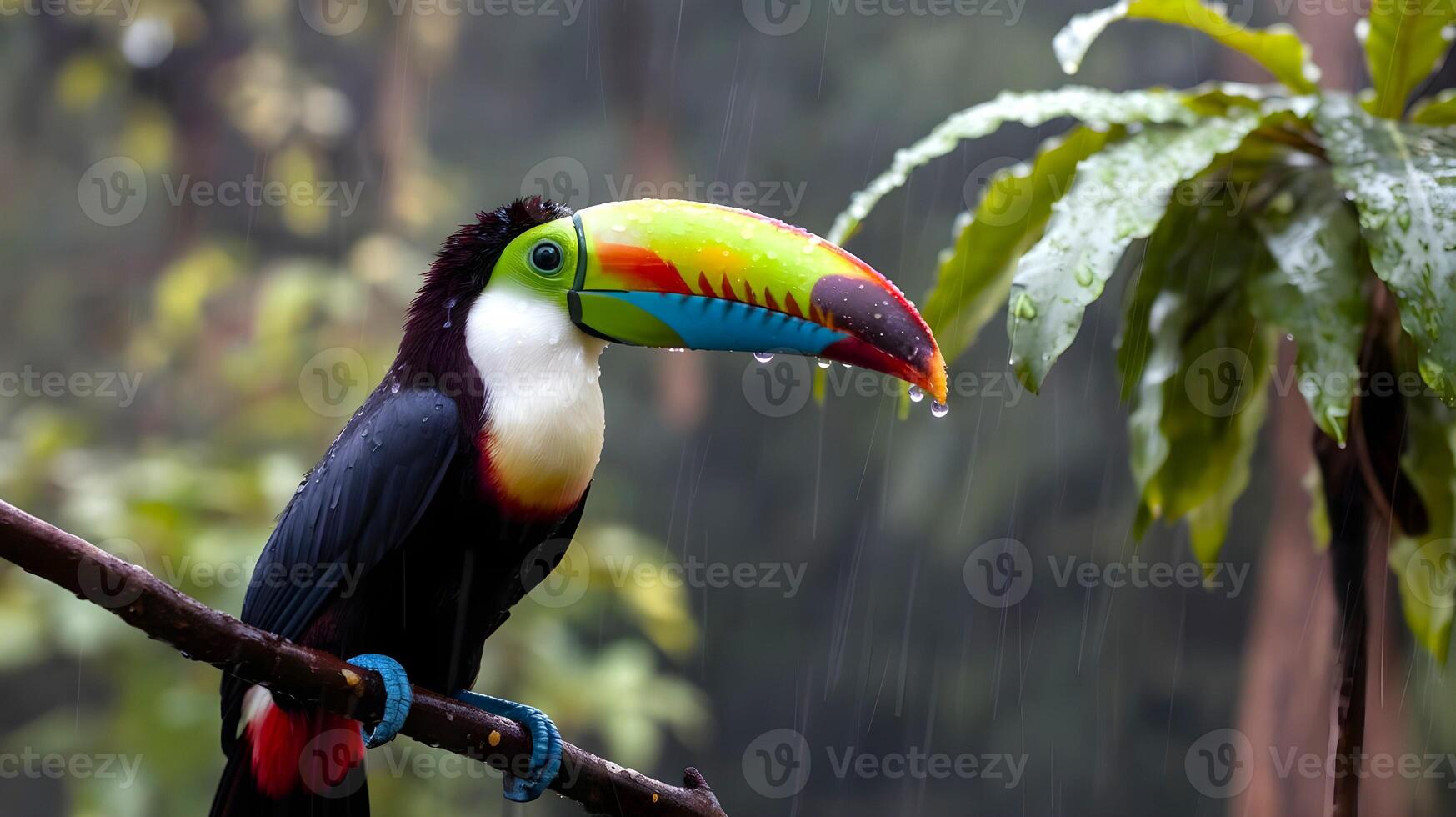 A toucan bird is sitting on a tree branch during rainy season with water droplets on its beak and feathers photo