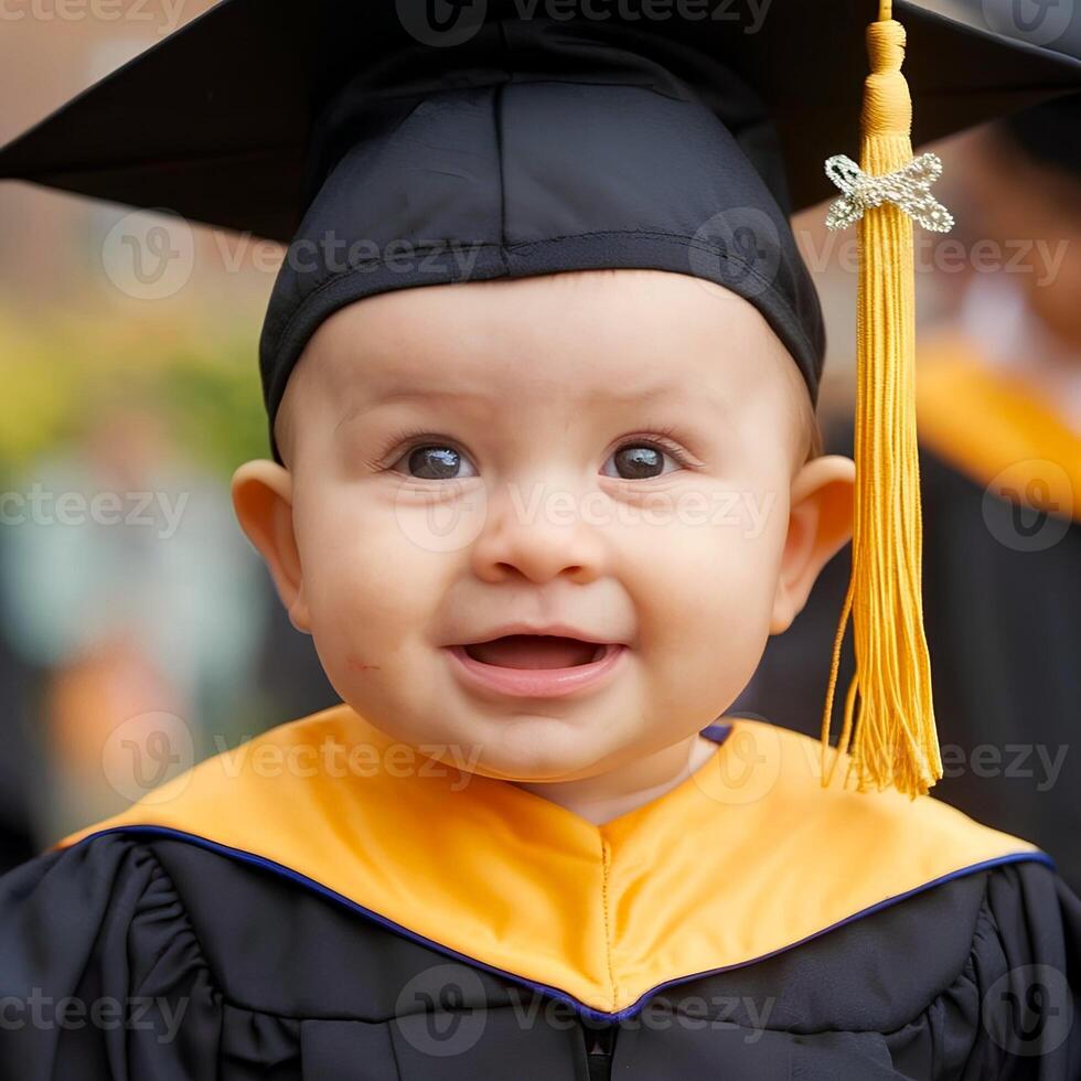 Closeup view of a cute baby wearing graduation cap and suit photo