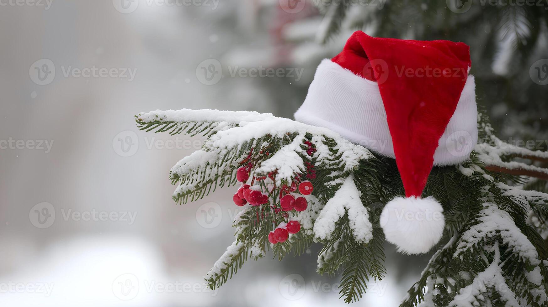 A red santa cap is on a tree branch with a beautiful winter snowy landscape representing Christmas photo