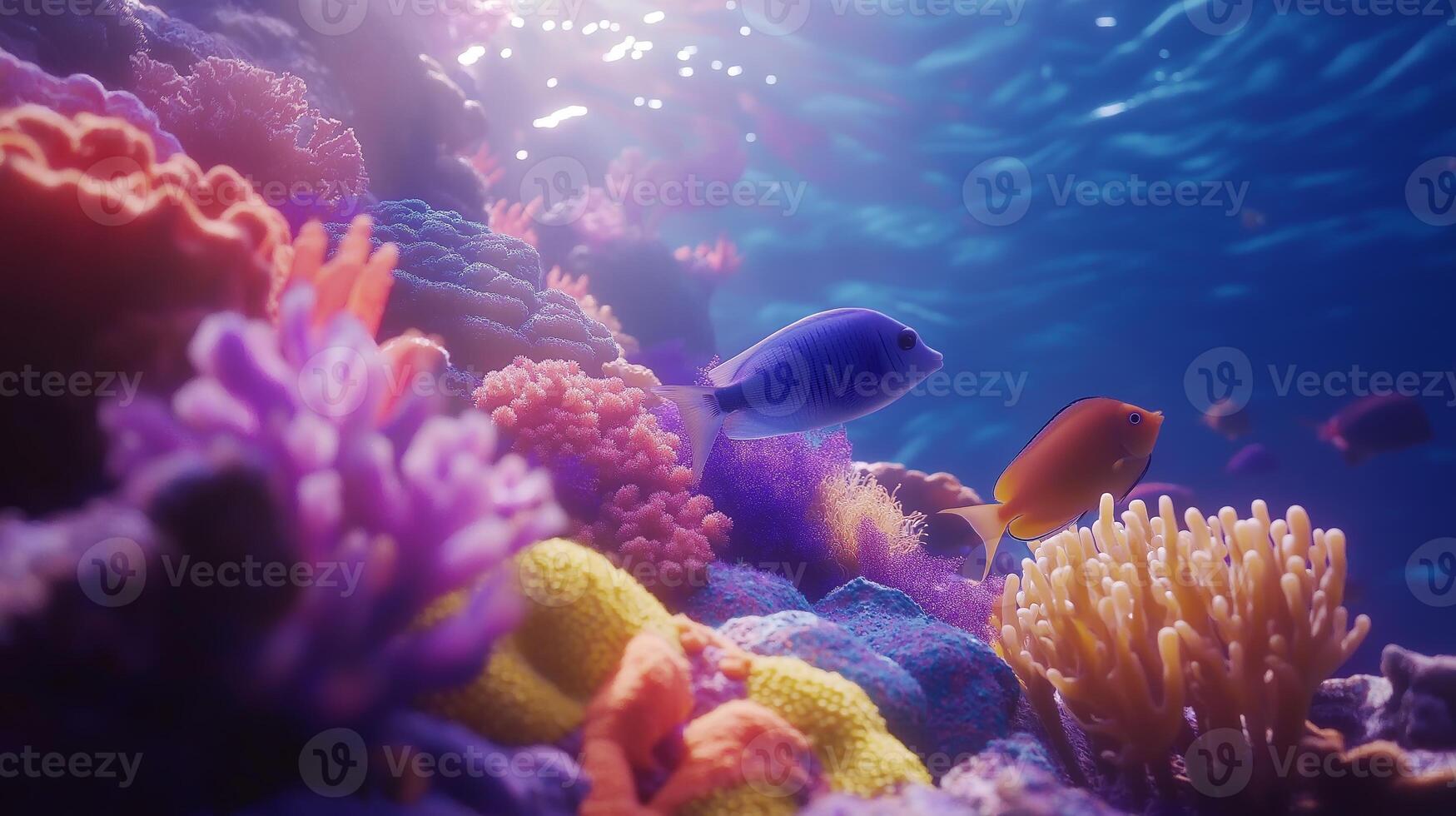 Vibrant coral reef teeming with colorful fish in crystal clear ocean waters during a sunny day photo