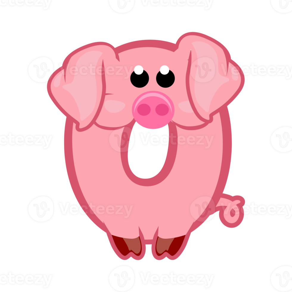 Cartoon number 0 like pink pig, figure Zero. Cartoon of number with a animal concept. Calligraphy, lettering, typography for your Education cards or game. png