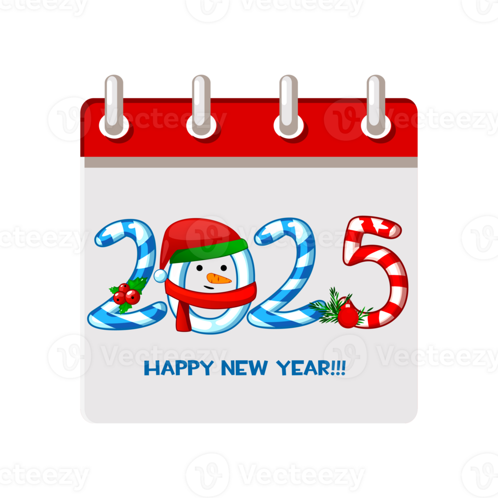 Happy new year 2025, lollipops and snowman. Numbers candy for your calendar, print, sticker or greeting card. png