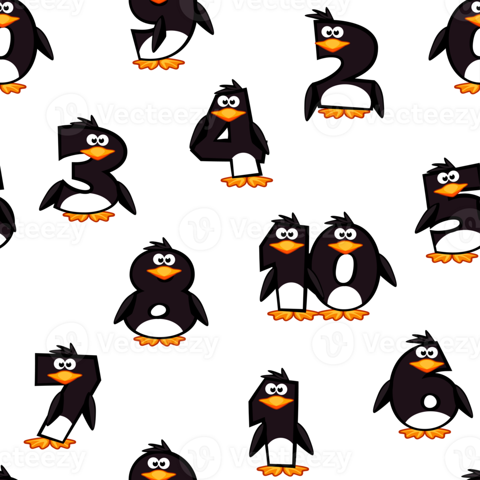 Seamless pattern with cartoon numbers like Penguins from 0 to 9. png