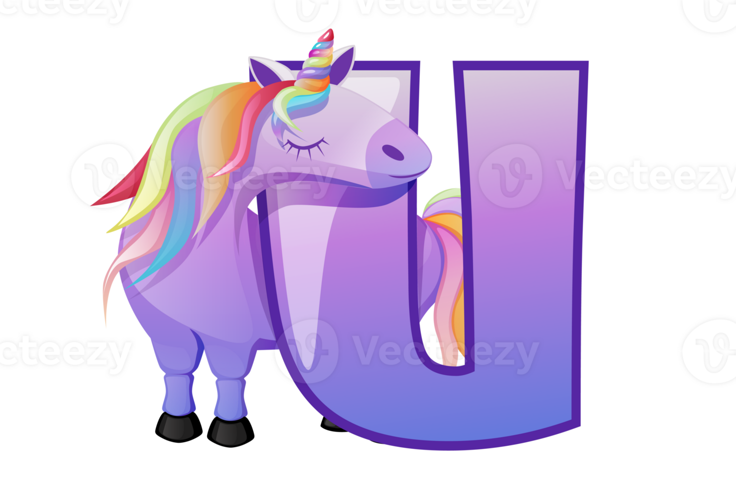 Cartoon Unicorn and letter U, card for education. Animal start with letter U. Animal alphabet card. Learning letter U card. Kids education. png