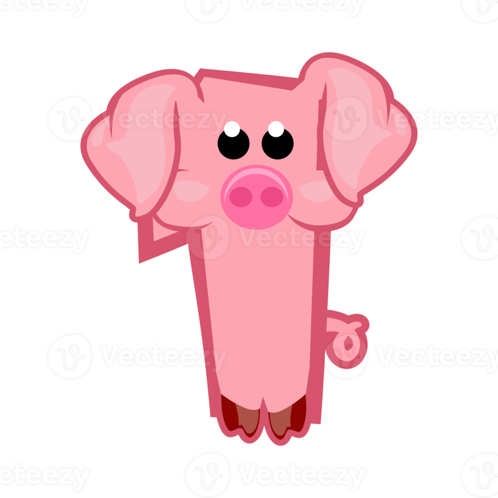 Cartoon number 1 like pink pig, figure One. Cartoon of number with a animal concept. Calligraphy, lettering, typography for your Education cards or game. png
