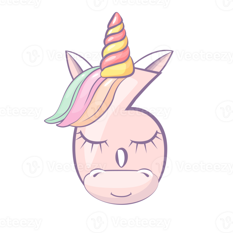 Cartoon number 6 like Unicorn, figure Six. Cartoon of number with a animal concept. Calligraphy, lettering, typography for your Education cards, greeting cards or game. png
