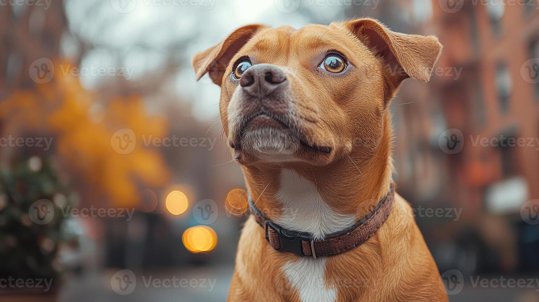 A playful dog observes the vibrant life of the urban environment photo