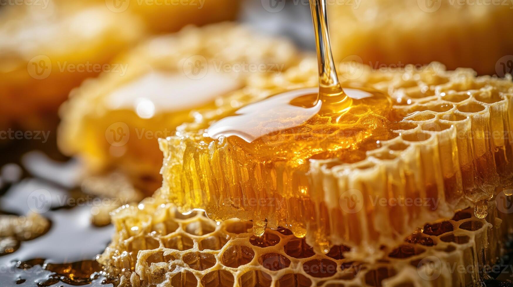 Delicious honey cascades from a spoon onto vibrant golden honeycomb pieces photo