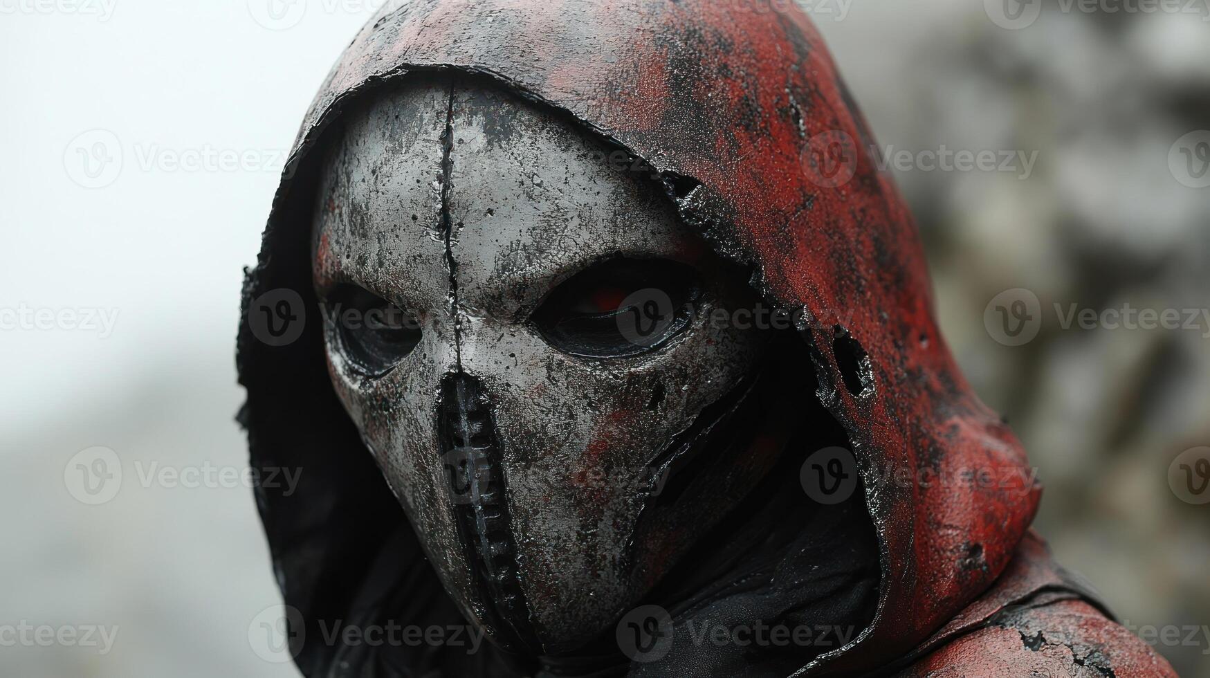 A shadowy character with a haunting mask gazes enigmatically into the distance photo