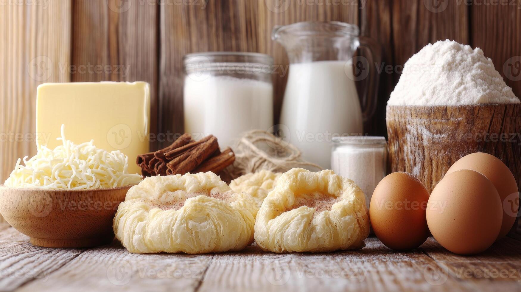 A variety of fresh ingredients ready for baking, including eggs, milk, and butter photo