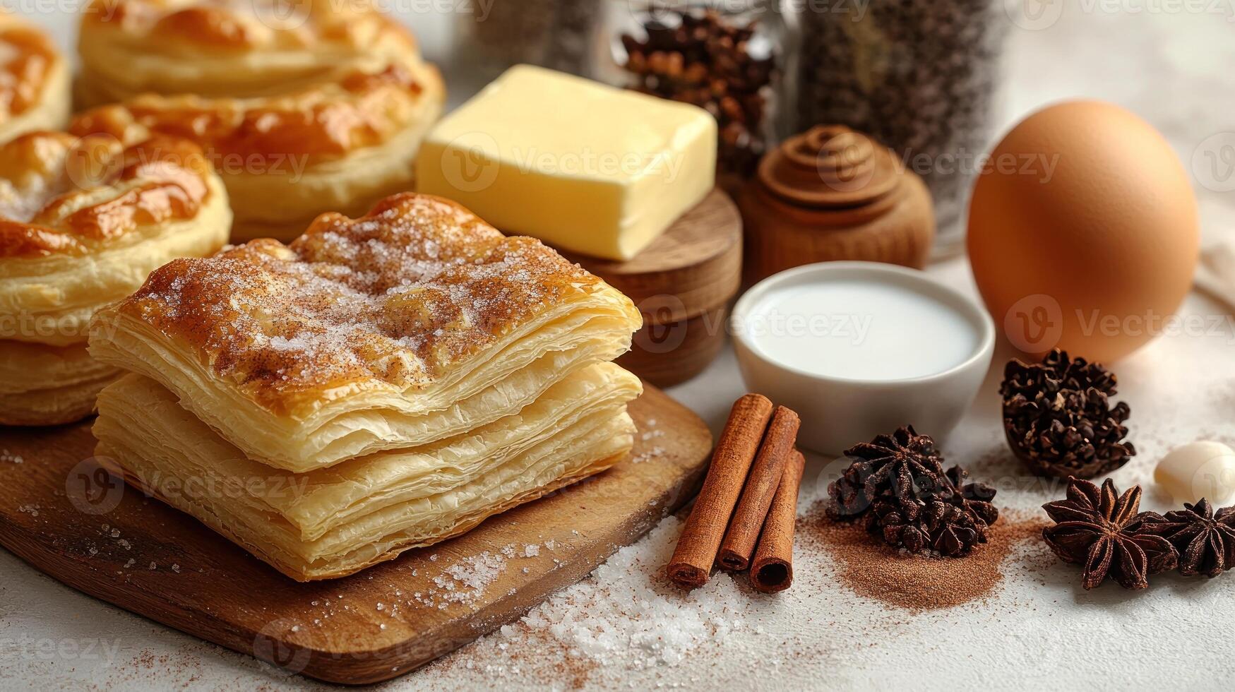 Flaky pastries are arranged alongside butter, spices, and eggs for baking preparation photo