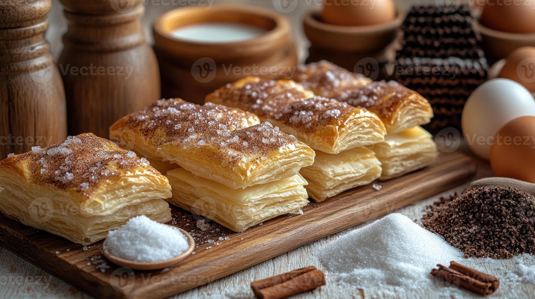 Flaky puff pastries sprinkled with sugar sit alongside eggs and spices in a cozy setting photo