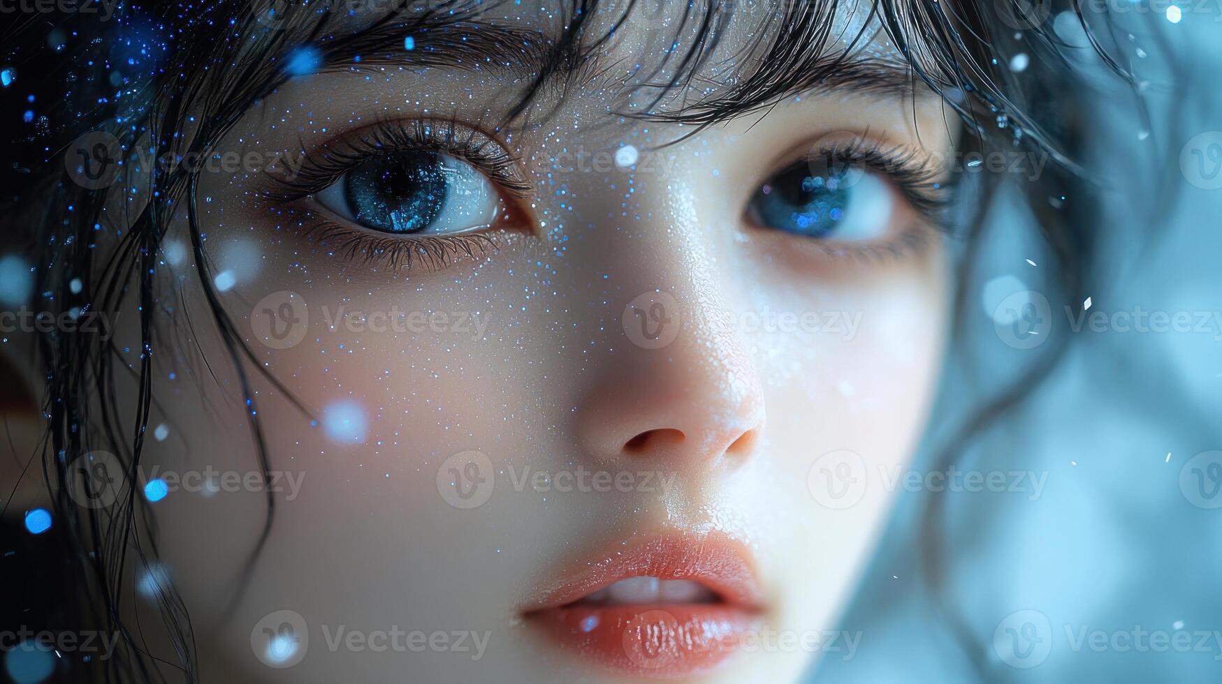 A young woman with enchanting blue eyes, captured in a winter scene photo