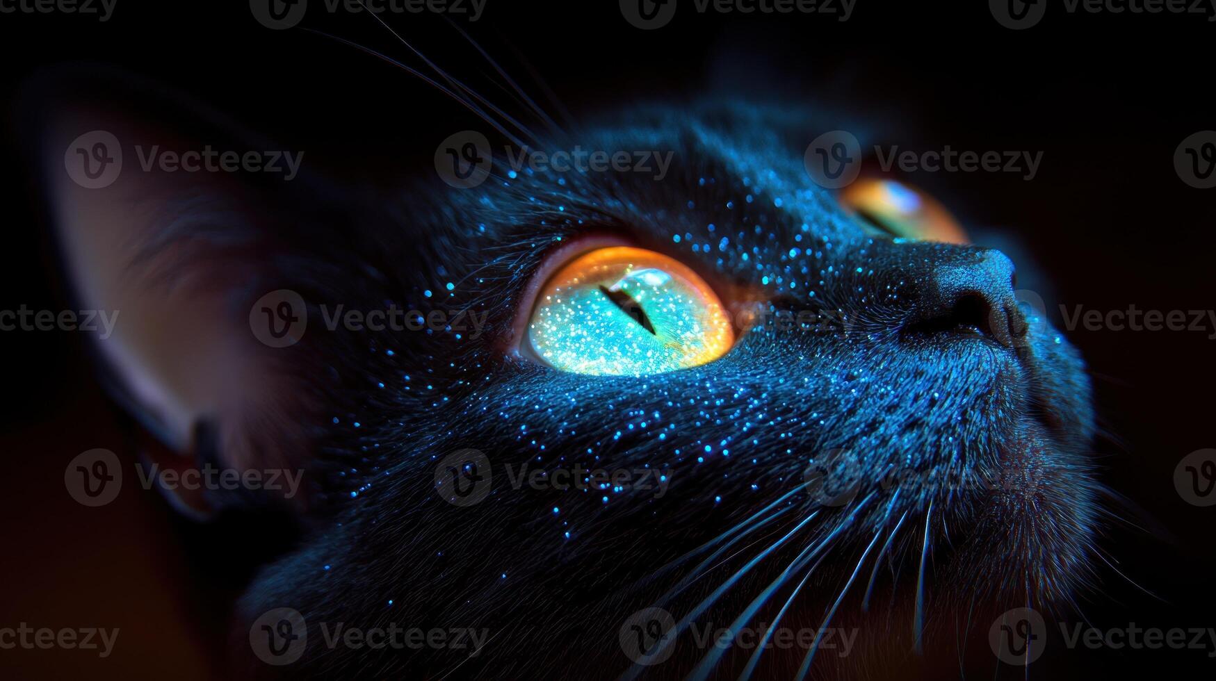 A cat with glowing eyes stares into the darkness, reflecting a starry sky photo