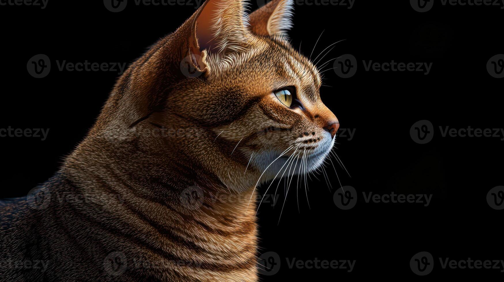 A beautiful tabby cat quietly watches its surroundings in the dim light photo