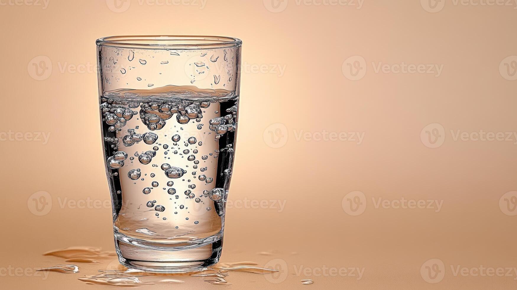 Clear water with bubbles gleams in a glass, reflecting light against a warm backdrop photo