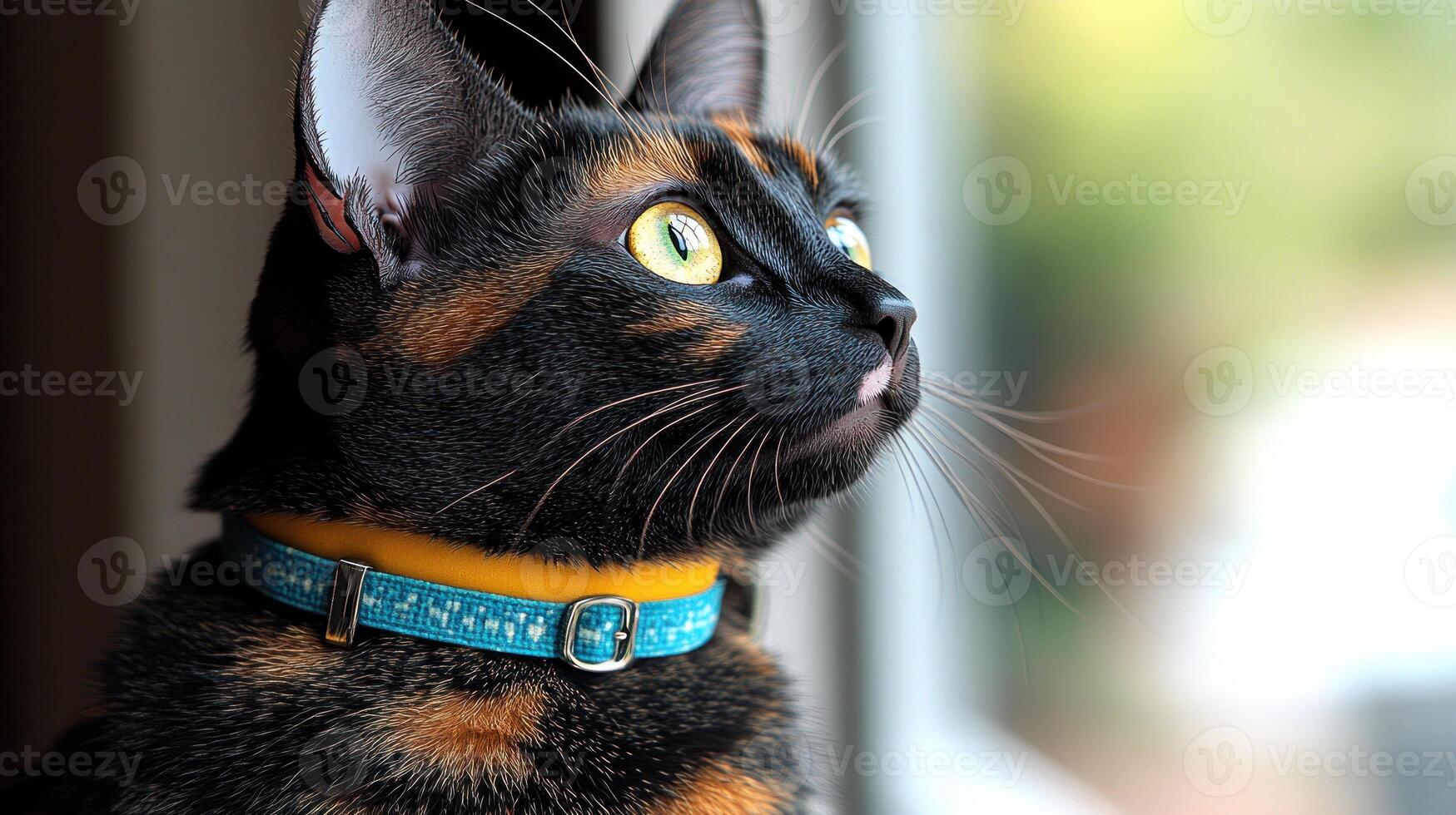 A tortoiseshell cat with bright eyes watches intently from a sunny windowsill photo