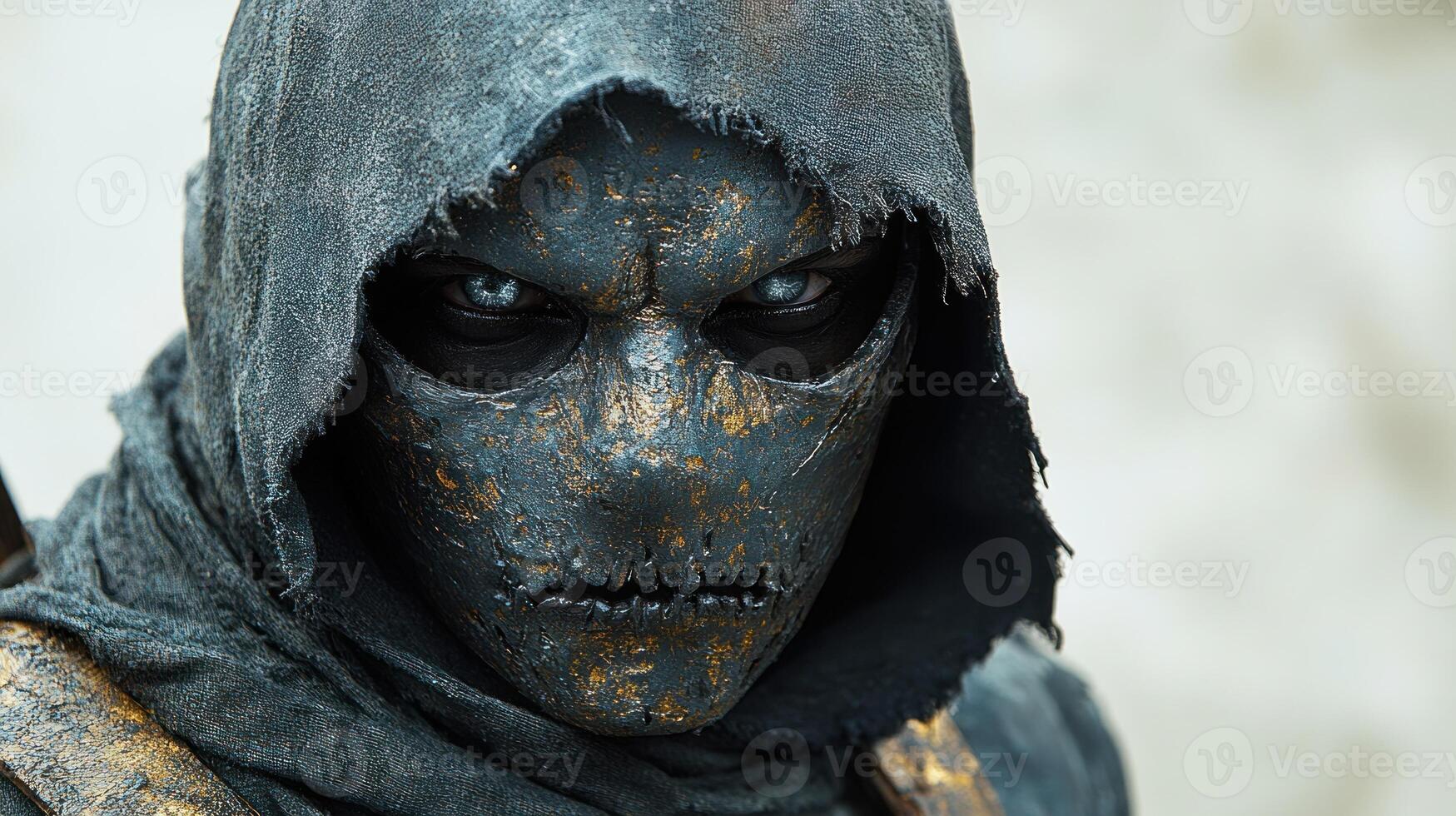 A haunting character with dark features embodies mystery and intrigue in twilight photo