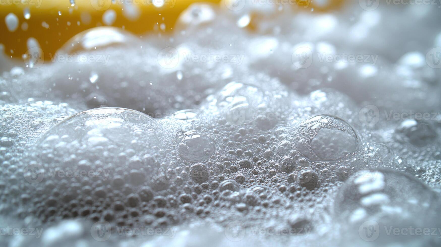Delicate bubbles emerge from the soapy water, reflecting a warm golden glow photo