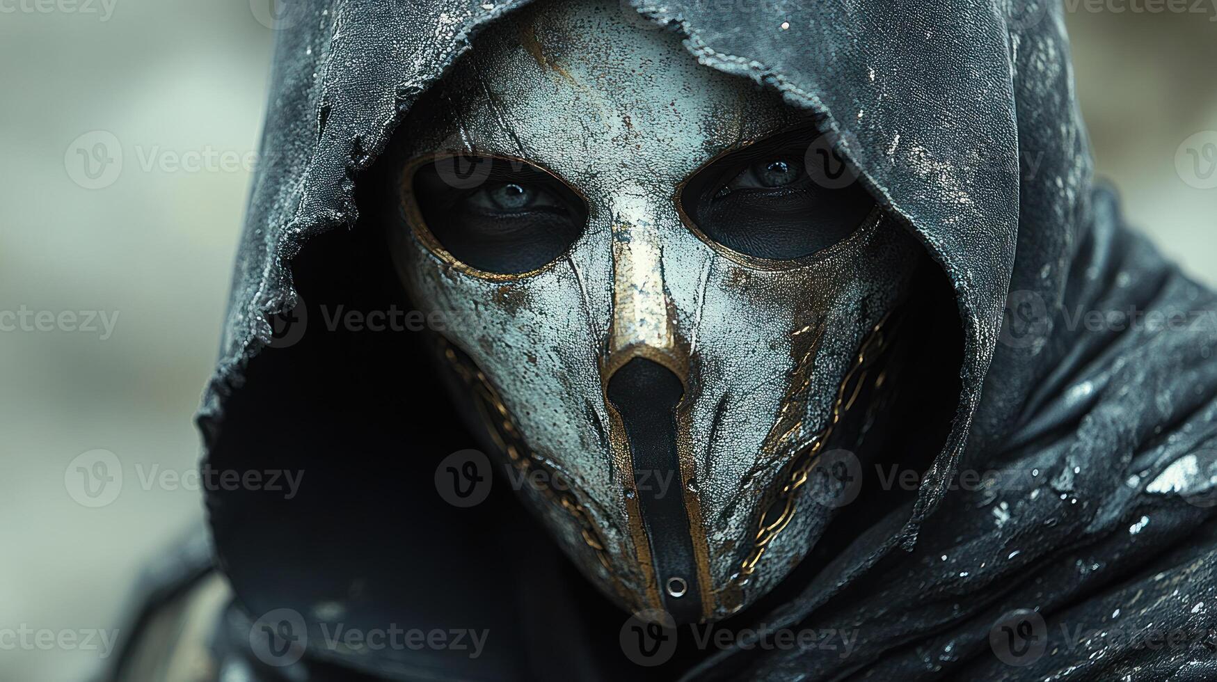 A haunting figure shrouded in darkness, staring with piercing eyes from under a hood photo