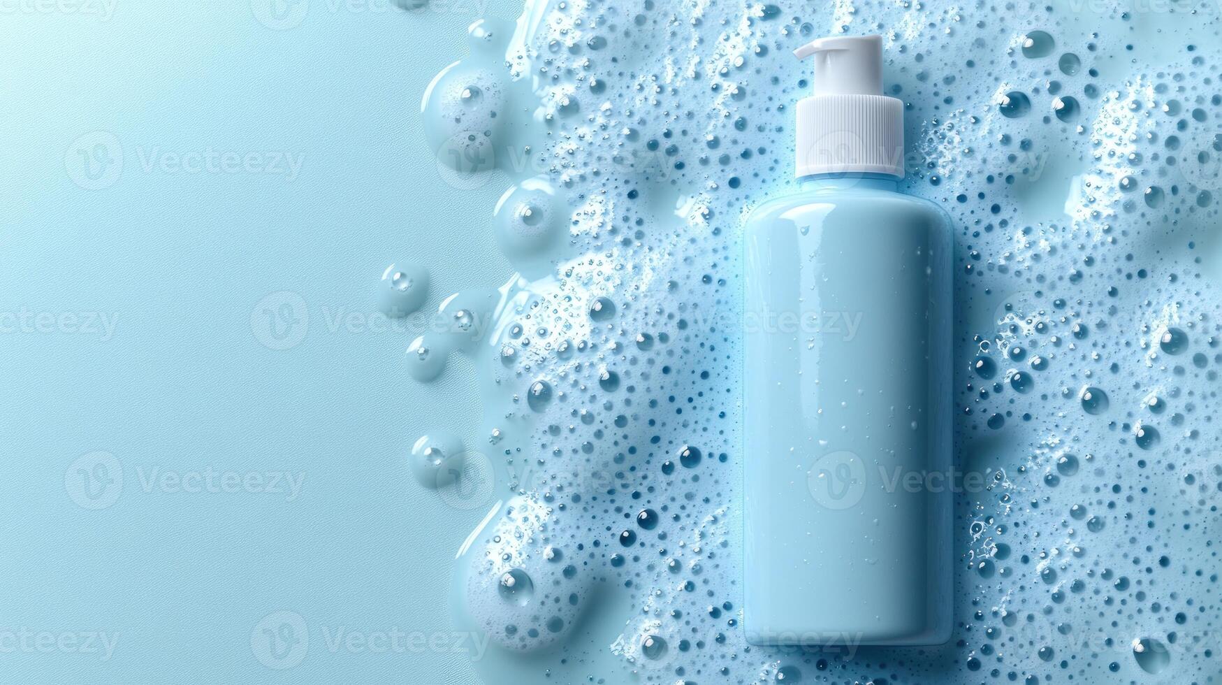 A tranquil blue lotion bottle rests atop a clear surface dotted with delicate bubbles photo