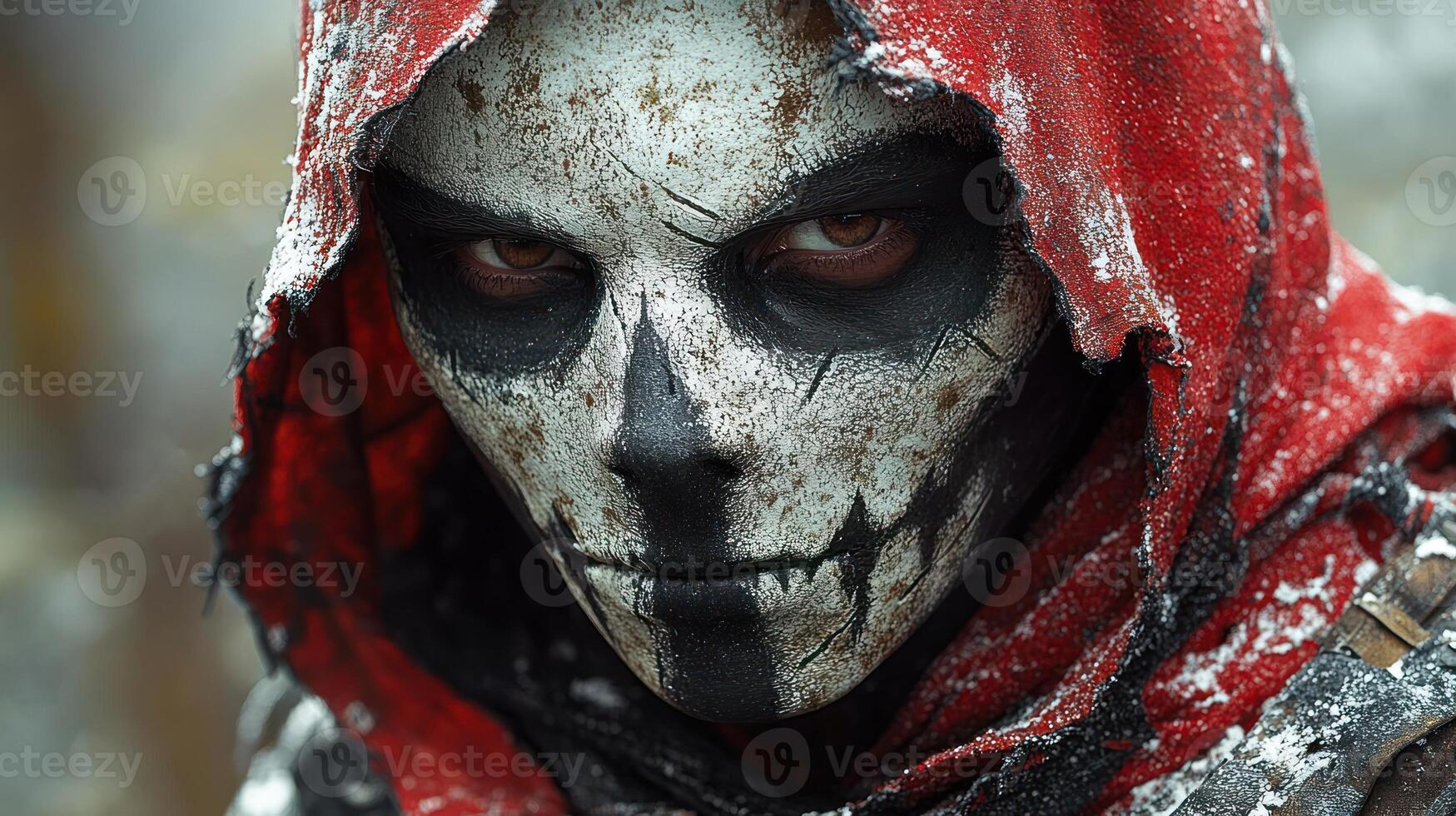 A haunting figure in a red cloak and skull makeup rises from the winter mist photo