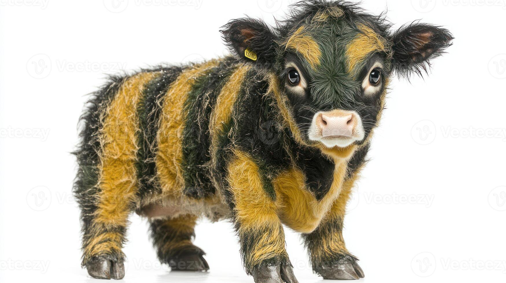 A playful striped calf poses cutely, showcasing its fuzzy coat and inquisitive expression photo