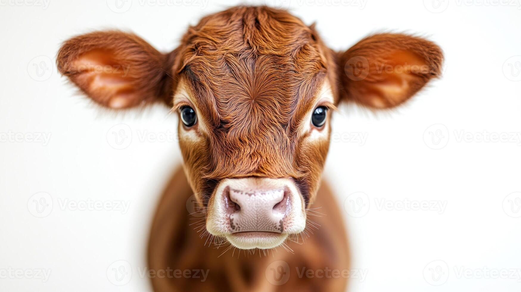 A young calf stands attentively, its big eyes reflecting curiosity and playfulness photo
