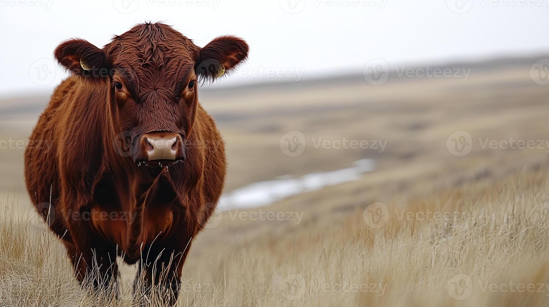 A brown cow stands in a field, observing the landscape around it as dusk settles in photo