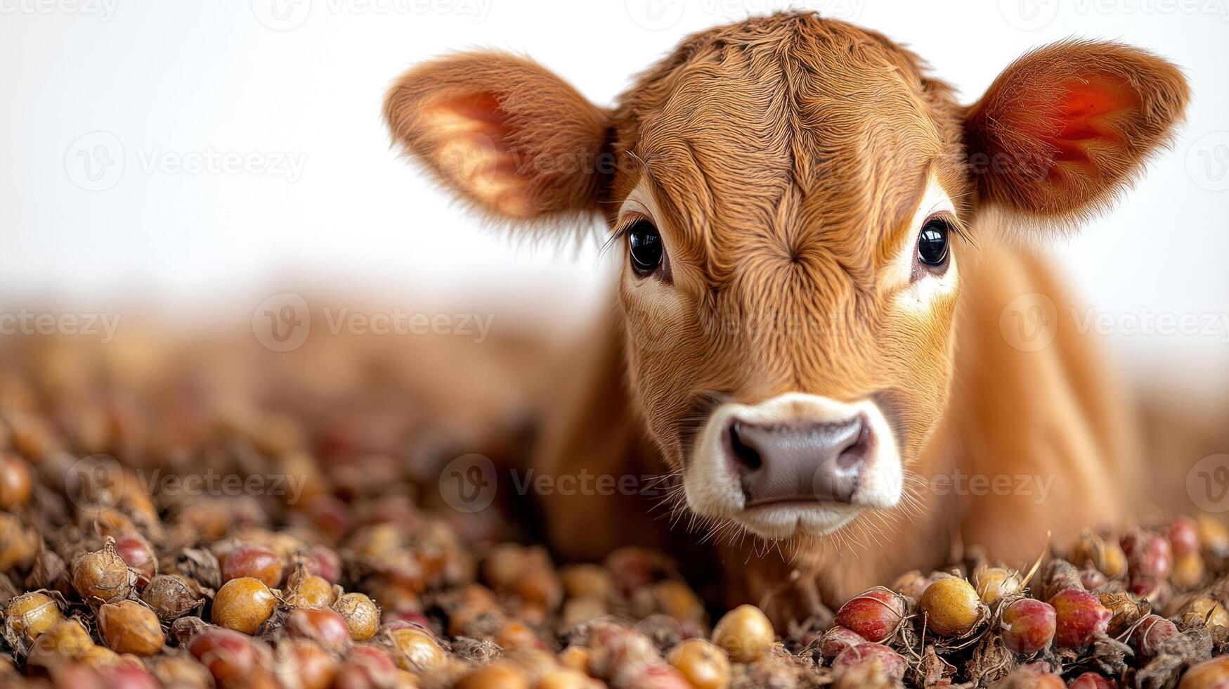 A young calf relaxes comfortably surrounded by nuts in a serene barn atmosphere photo