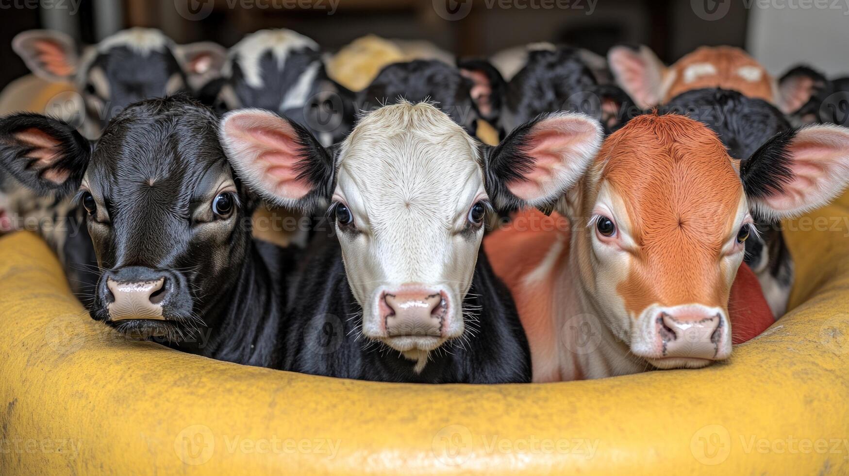 A group of inquisitive calves explores their warm, sheltered trough, filled with feed photo