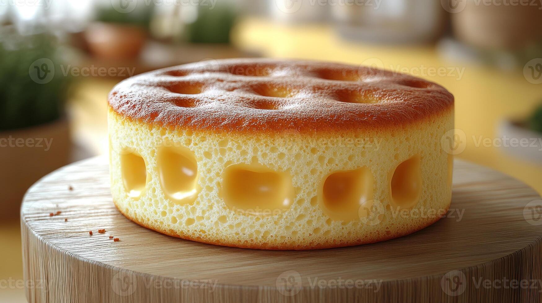 A beautifully baked dessert resembling cheese rests on a wooden platter photo