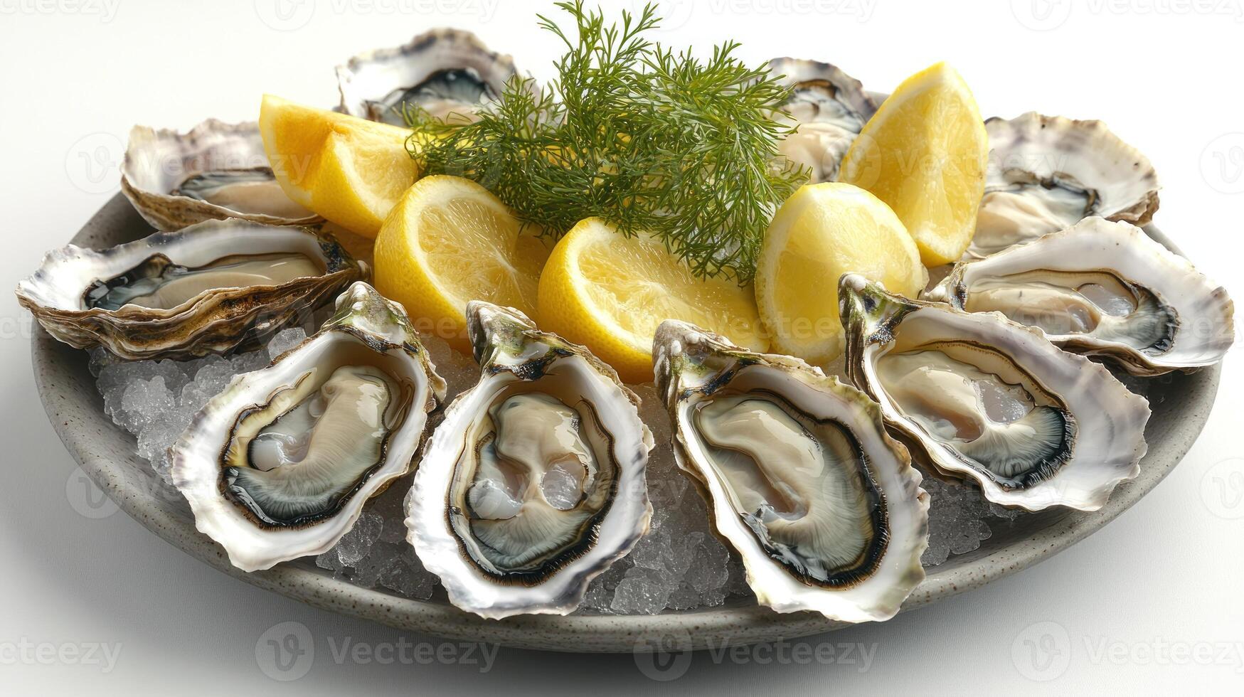 Delicious oysters arranged on a chilled platter, garnished with lemon wedges and herbs photo